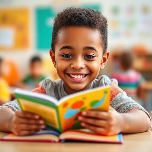 Student reading a colorful book